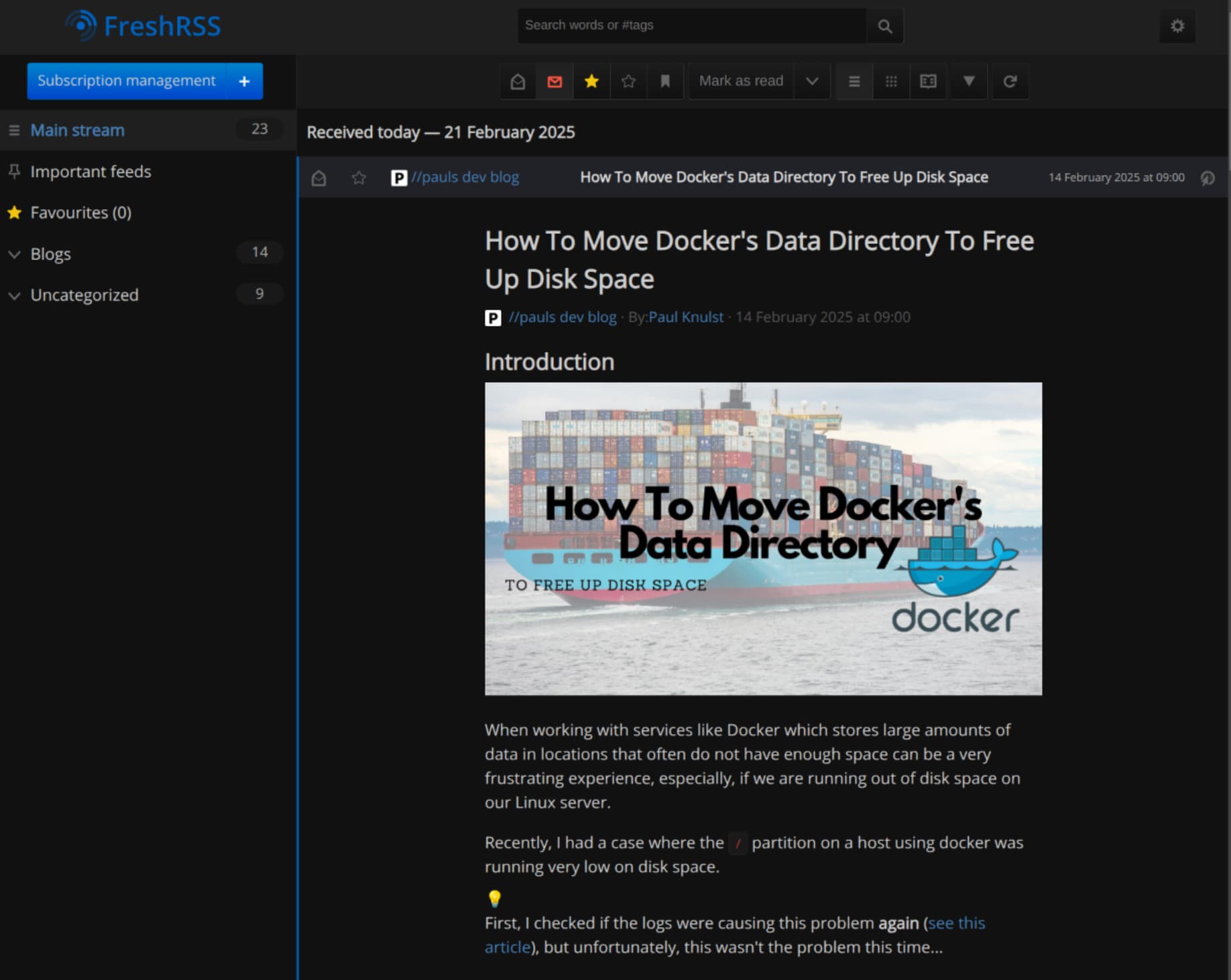 How To Self-Host FreshRSS Reader Using Docker - Article view in FreshRSS